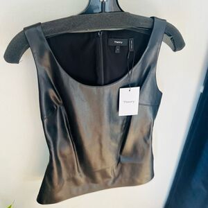 THEORY Scoop Neck Faux Leather Tank‎ Top, Black, Small, (4/6), Designer, NWT